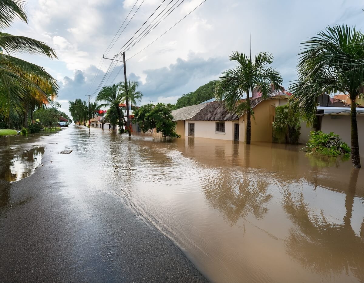 Florida neighborhood with light street flooding after heavy rain, representing flood insurance protection and preparedness.