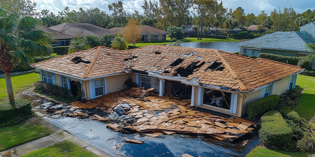 Aerial view of a Florida home with severe roof damage after a hurricane, showing debris and storm impact near a lake, representing the need for homeowners insurance coverage.